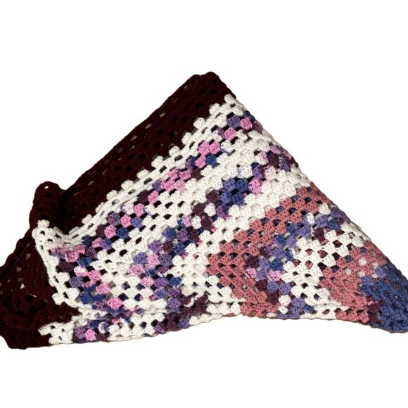 Vintage Burgundy, Pink, Purple Afghan Square Crochet Blanket 51 X 51 - Picture 3 of 3